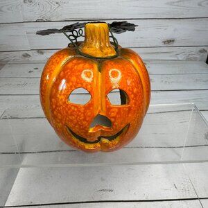 Ceramic Halloween Pumpkin Tea Light Holder Carved Face Green Leaves Fall Decor‎